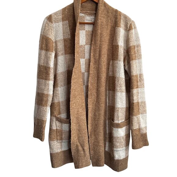 LOFT Buffalo Plaid Cardigan Sweater M Open Front Long Line Cozy Tan White Camel - Picture 1 of 5